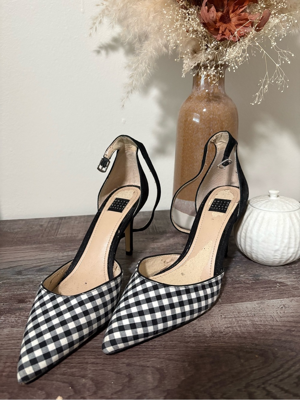 White House Black Market Black & White Gingham Pointed-Toe Ankle-Strap Heels